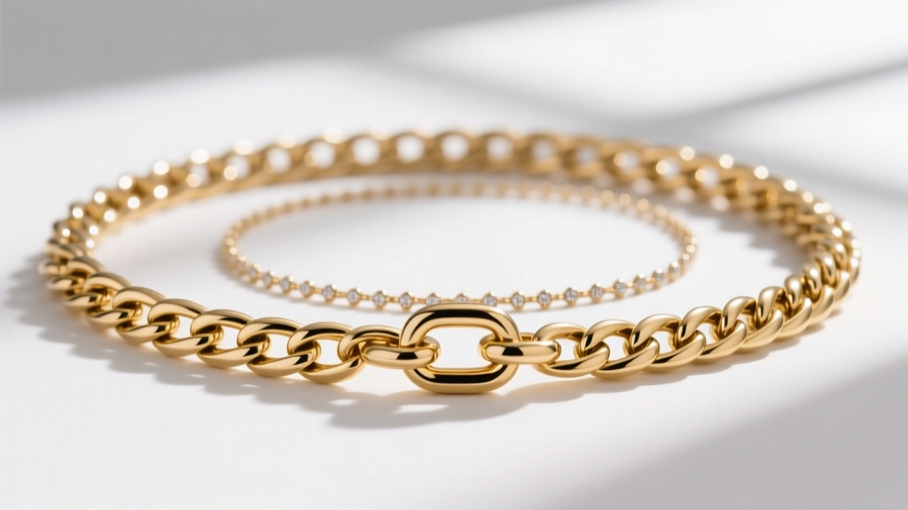 Close-up of a 5mm 14k gold Figaro chain layered with a 2mm satellite chain, showing interlocking links and a secure clasp.
