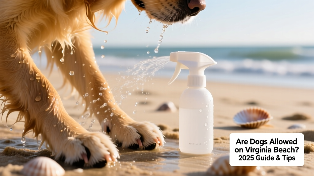 Close-up of a dog’s paws being gently rinsed with fresh water from a portable spray bottle after beach time