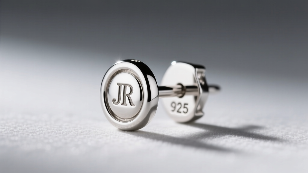 Close-up of a sterling silver Judith Ripka earring post showing the crisp JR hallmark and 925 stamp against a soft grey background.