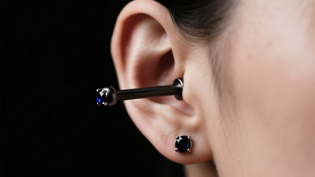 Ear profile wearing a matte black titanium industrial barbell with small onyx gemstone ends against a dark studio background