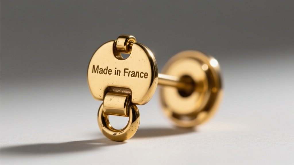 Close-up of vintage YSL gold earring back, showing the deeply stamped Made in France hallmark and the sturdy brass omega clip mechanism.