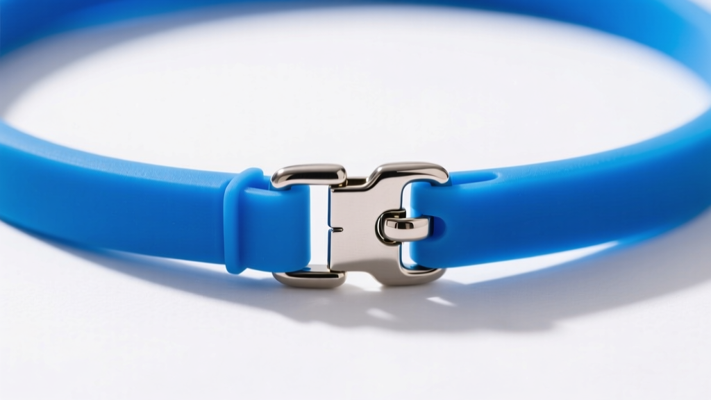 Macro photo of a magnetic breakaway safety clasp on a bright blue silicone childrens necklace highlighting the separation joint.