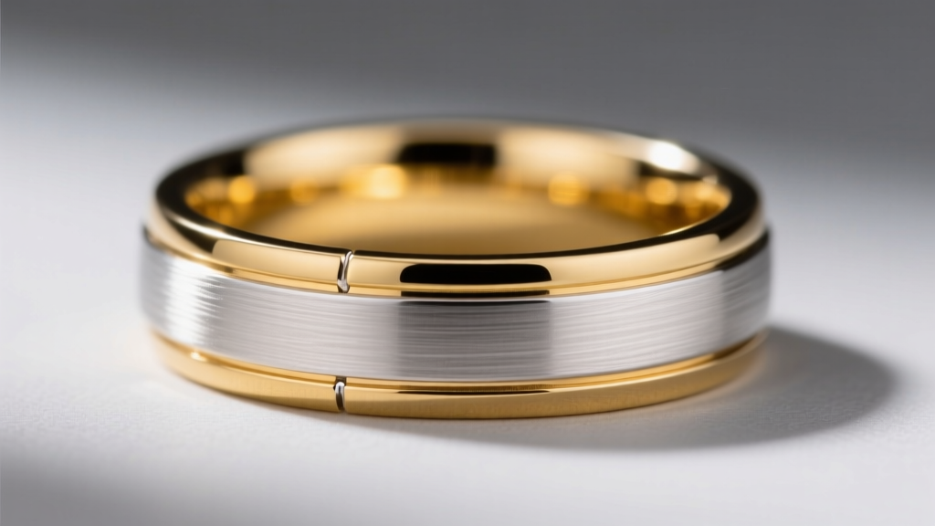 Macro shot of a two-tone ring with a brushed 18k yellow gold band seamlessly soldered to a polished 925 sterling silver shank