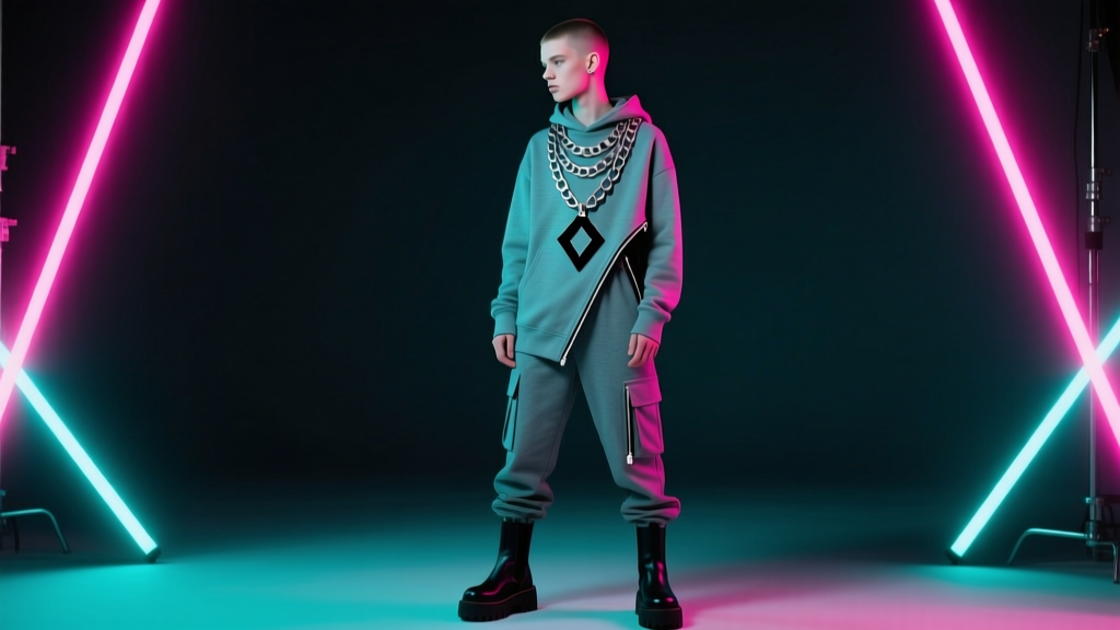Side profile of a model wearing a layered titanium box chain and edgy streetwear pendant, illuminated by neon studio lighting.