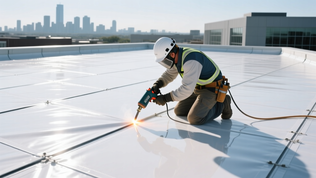 White TPO single ply roofing membrane being heat-welded at the seams on a commercial flat roof by an installer in bright daylight