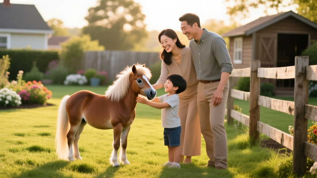 Family enjoying a sunny afternoon with their miniature horse in a fenced backyard pasture
