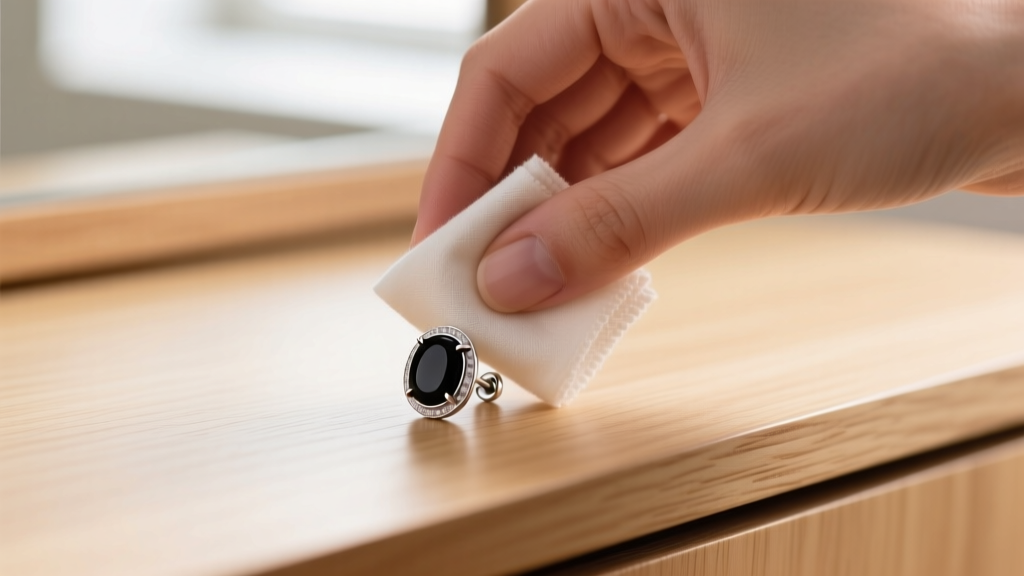 Hands gently wiping a sterling silver and black onyx stud earring with a microfiber cloth on a bright wooden vanity surface.
