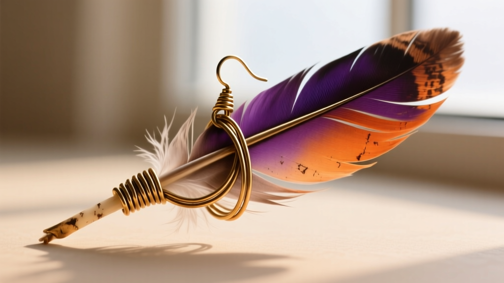Macro shot of brass wire wrapping securing a dyed turkey feather to a boho earring, showing binding tension and raw metal finish