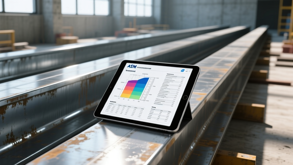 Digital tablet displaying ASTM structural steel specification charts resting on galvanized steel I-beams at a commercial site
