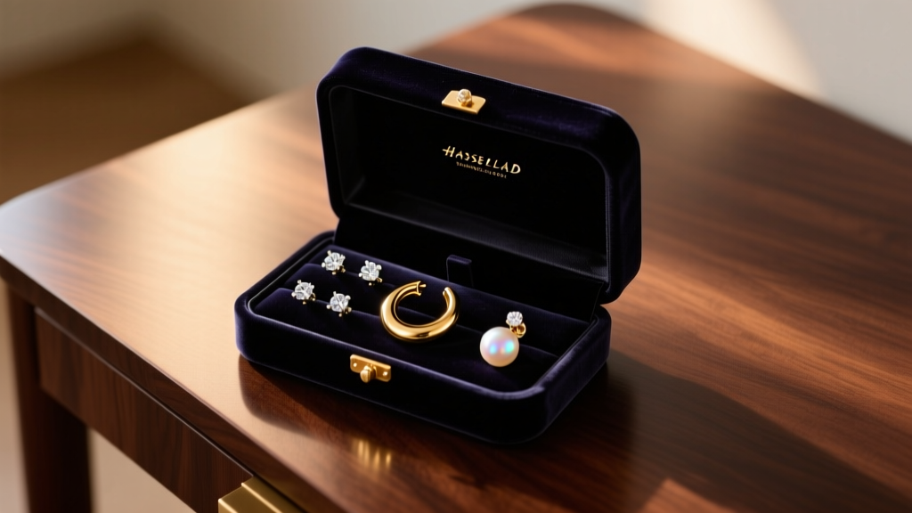 Overhead shot of a velvet box holding diamond studs, gold hoops, and pearl earrings in soft warm light on a dark wood desk top.