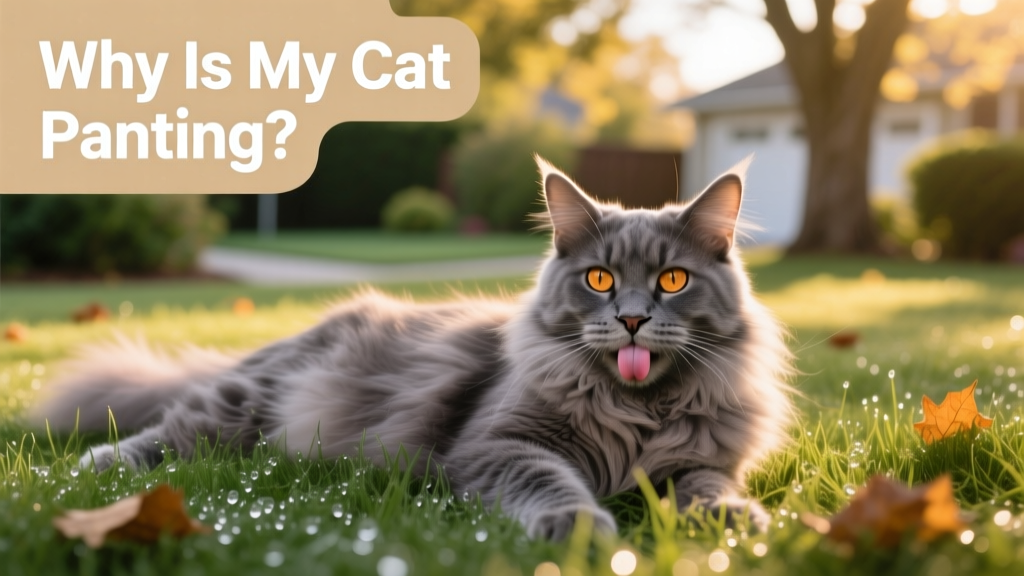 a gray Maine Coon cat panting while lying calmly on cool grass