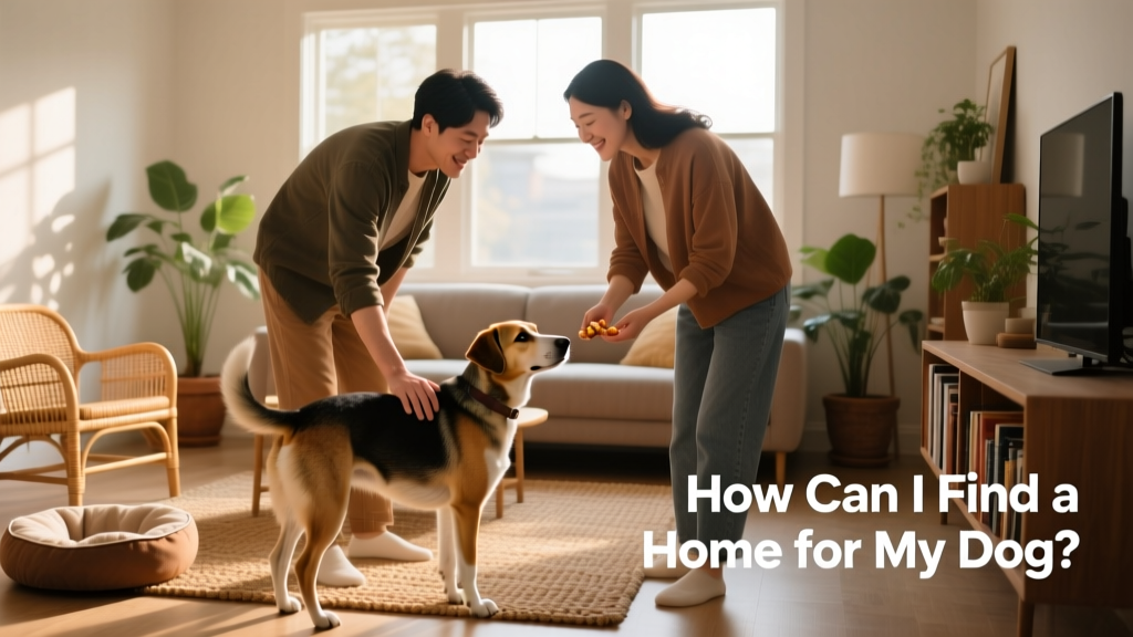 Two people gently introducing a dog to a new home environment, with soft lighting and welcoming decor
