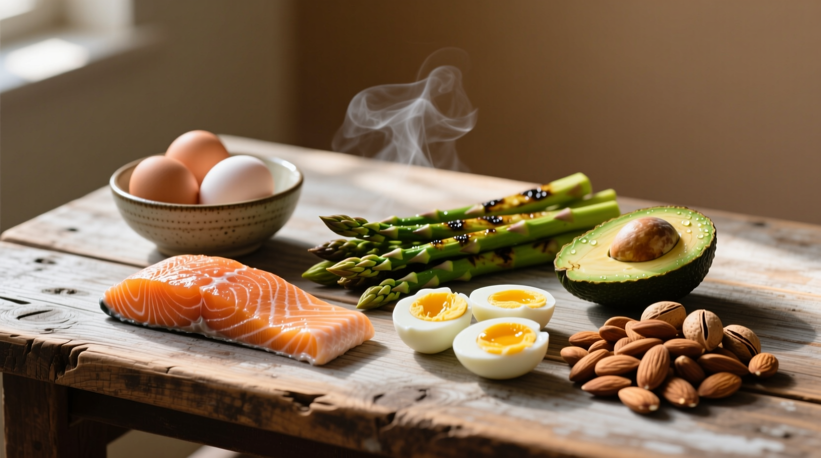 Zero carb foods selection on wooden table