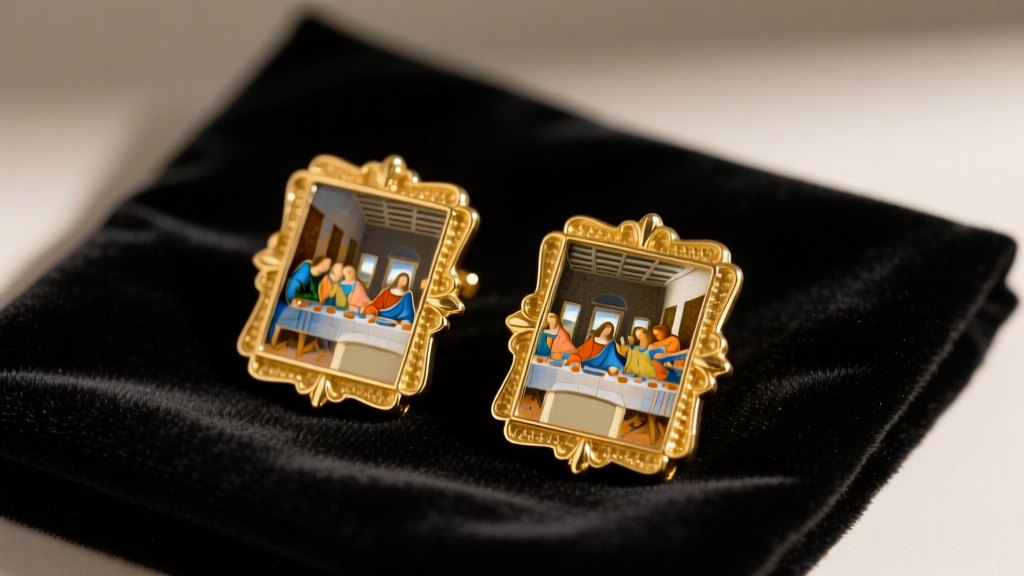 Macro shot of gold-framed Last Supper enamel earrings resting on dark velvet polishing cloth under soft, warm studio lighting.