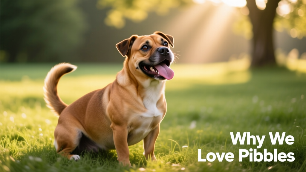 A joyful, muscular Pibble mid-wiggle, tail high, tongue out, sitting on grass in sunlight