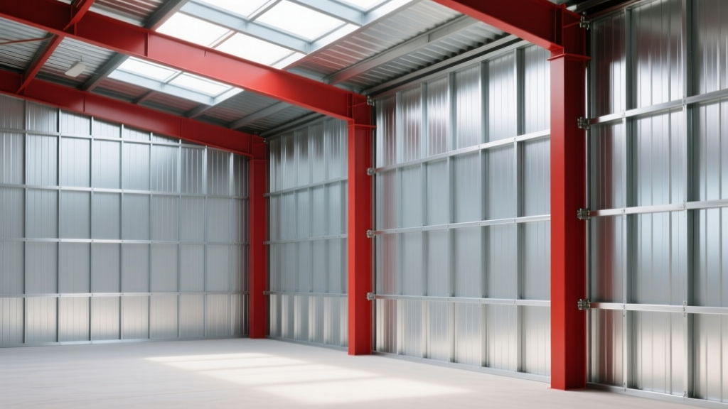 Light-gauge steel interior stud walls anchored to red iron columns inside a pre-engineered metal building with rigid foam insulation.