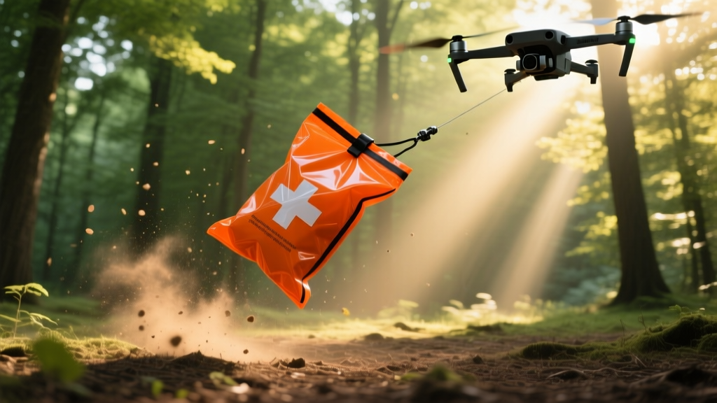 Drone payload release mechanism dropping a bright orange emergency medical supply pouch into a forest clearing
