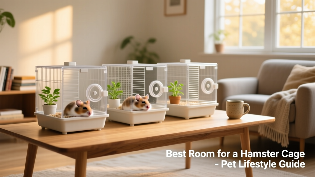 Three spacious, well-ventilated hamster cages arranged side-by-side on a sturdy, low table in a bright, quiet living area