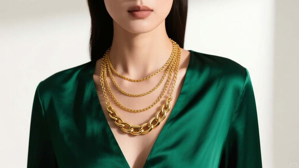Model wearing a 14k gold 3 tier necklace with varying chain thicknesses against an emerald silk blouse in soft studio lighting.