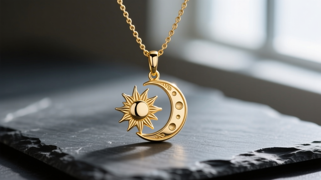 Close-up of a delicate 14k gold-filled double pendant necklace resting on a dark slate surface, showcasing a sun and moon motif.