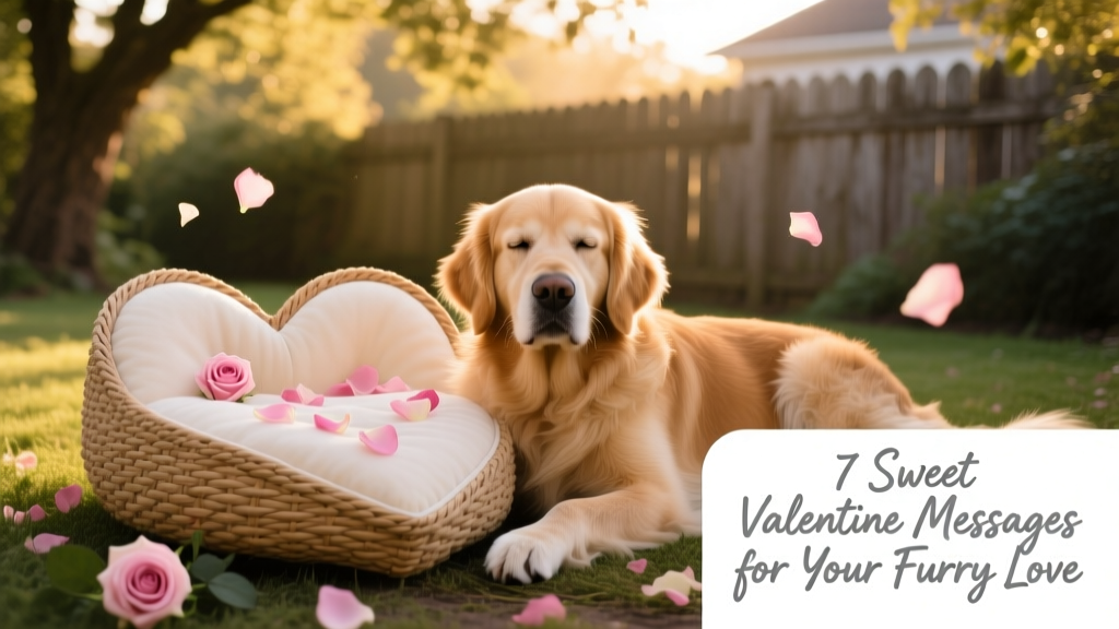A golden retriever resting beside a heart-shaped dog bed with rose petals scattered nearby