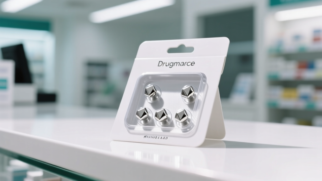 A drugstore blister pack of basic steel stud earrings resting on a clean white pharmacy counter under bright lighting.
