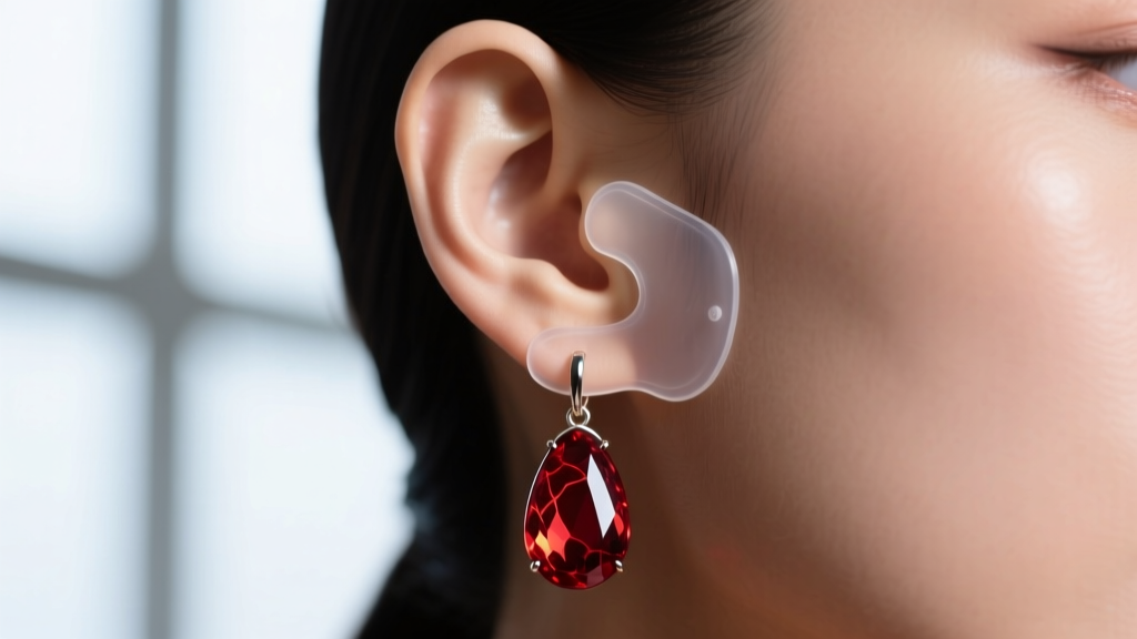 Clear silicone patches supporting heavy carnelian drops on an earlobe, showing a practical way to prevent lobe tearing and damage.