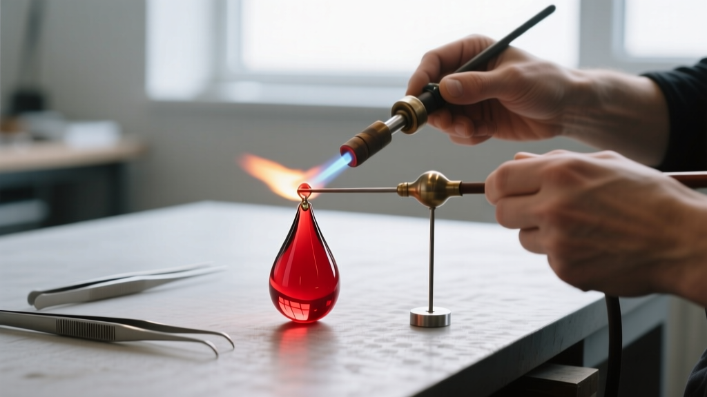 Jeweler using a torch to lampwork a borosilicate glass blood drip pendant, with glowing red molten glass forming a teardrop shape