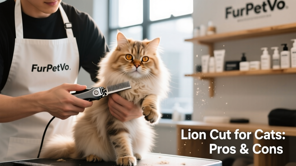 Professional groomer gently holding a relaxed cat during a lion cut session, using high-quality FurPetVo grooming tools