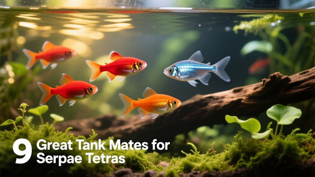 Cardinal tetras and Serpae tetras swimming side-by-side in a lush, planted aquarium