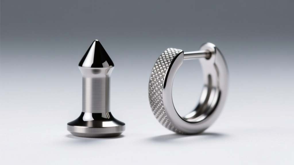Macro shot of ASTM F136 titanium labret stud beside a steel earring, comparing mirror polish and threading under bright light.