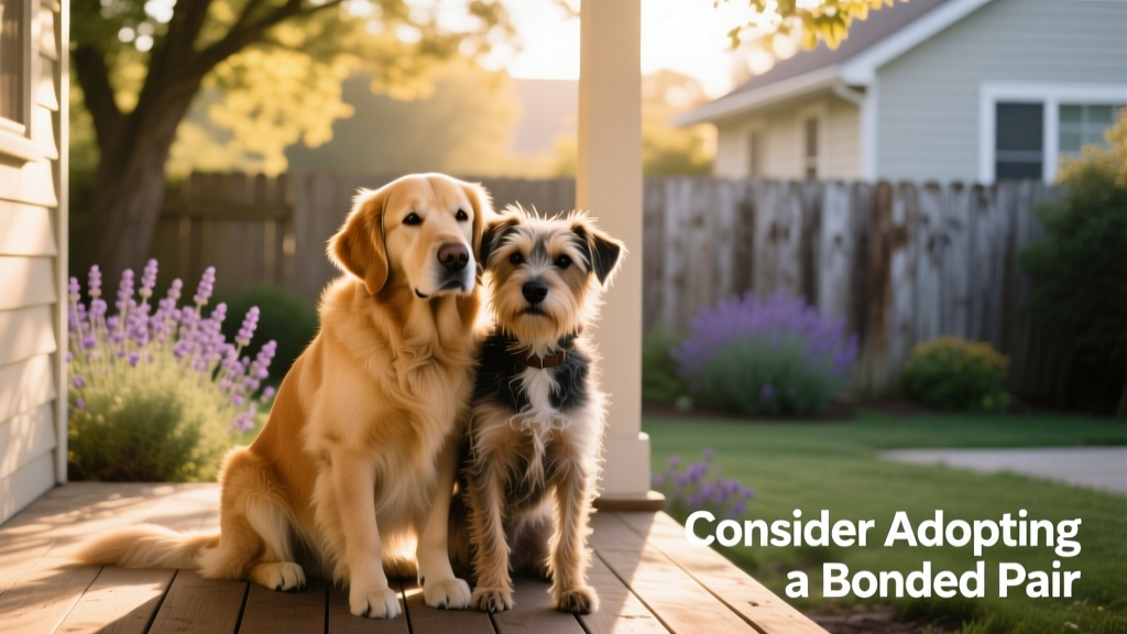 Two friendly dogs sitting side by side, leaning gently into each other