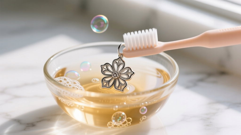 Soft baby toothbrush cleaning the deep crevices of a silver floral design earring in a shallow glass bowl of warm soapy water.