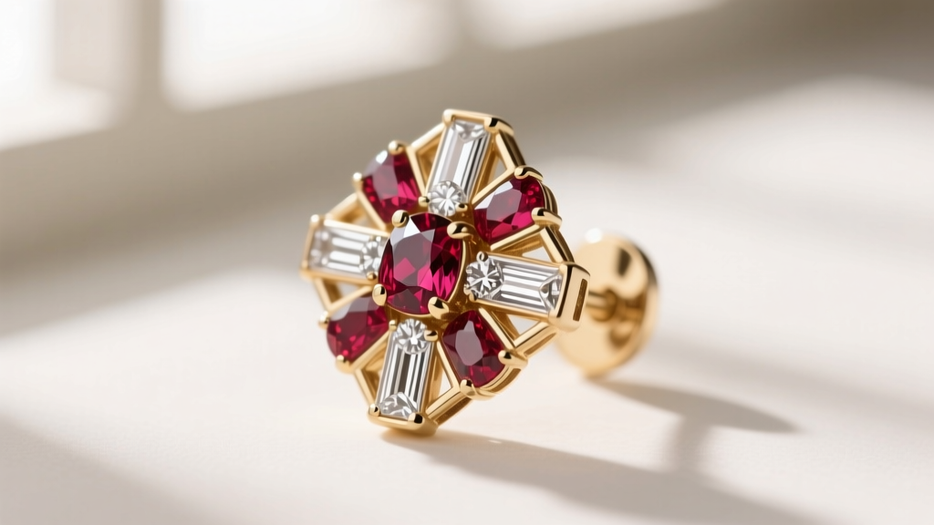 Close-up of white gold Art Deco earring with calibre-cut rubies and baguette diamonds showing oxidized patina under soft light
