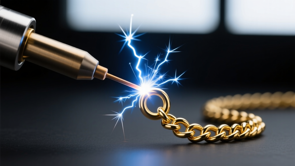 Macro shot of micro-welder sparking on 16-gauge solid 14k gold helix ear chain, argon nozzle visible against dark studio background