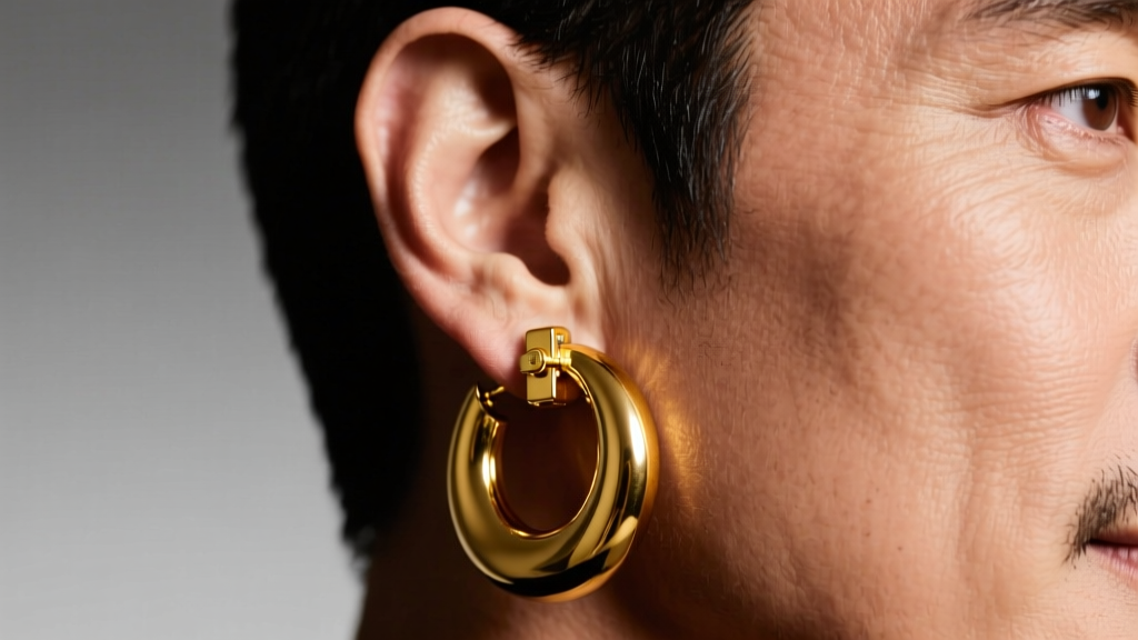 Close-up of a man wearing thick 14k yellow gold 90s style hoop earrings, focusing on the earlobe and clasp under studio lighting