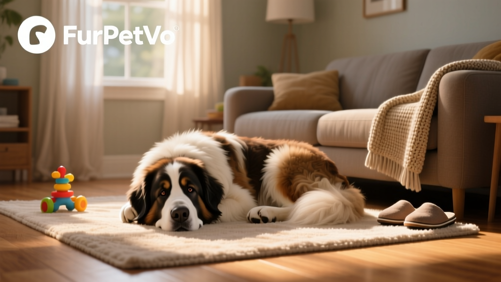 FurPetVo logo alongside a heartwarming photo of a Great Pyrenees curled up peacefully in a cozy living room with its new family