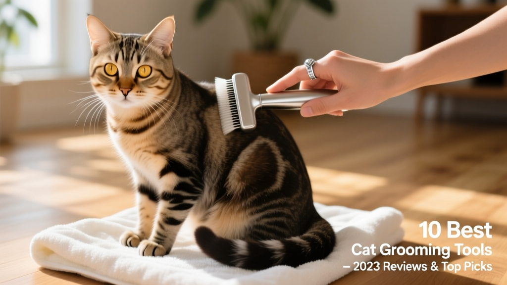 A calm, well-groomed tabby cat sitting on a soft towel while a person gently brushes its back
