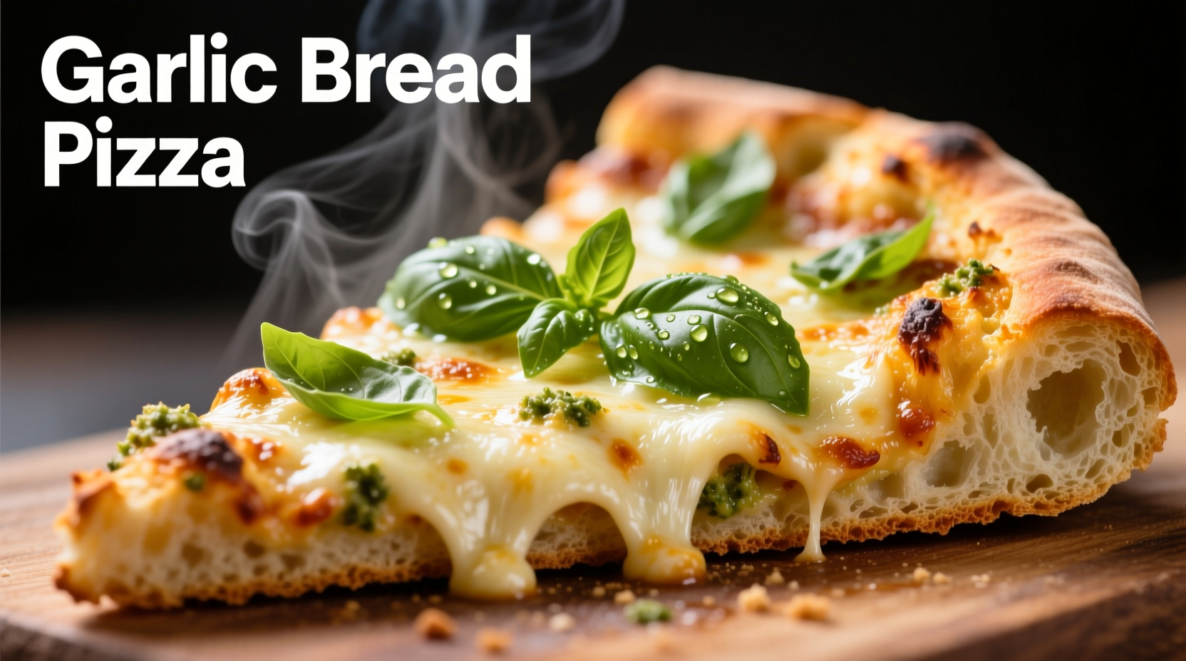 Golden garlic bread pizza with melted cheese and fresh basil