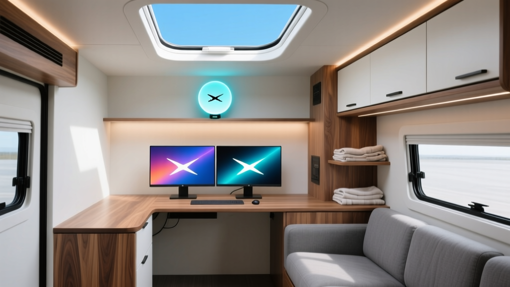 Modern motorhome interior featuring a sleek wooden desk, dual monitors, and a glowing Starlink dish visible through the skylight.