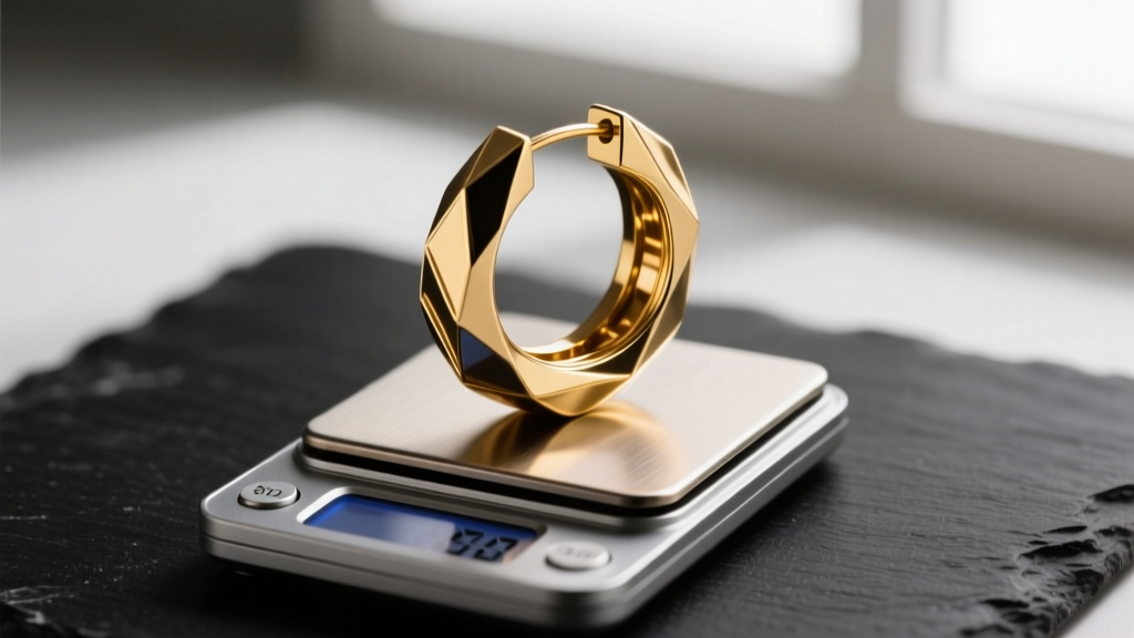 Macro shot of a digital scale weighing a large 50mm hollow electroformed gold hoop earring on a dark slate background surface