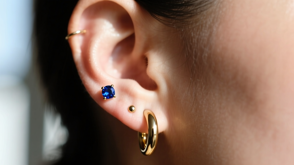 Close-up profile of an ear showcasing a coordinated double piercing with a 6mm bezel sapphire stud and a seamless 10mm gold hoop.