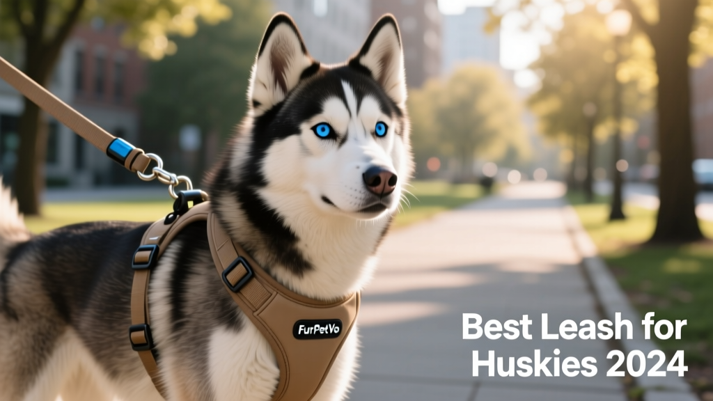 Close-up of a Husky wearing a FurPetVo no-pull harness connected to a short, sturdy leash with a traffic handle