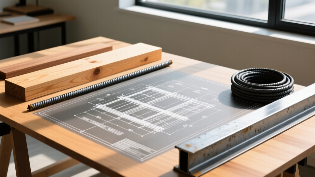 Blueprint overlaid on physical samples of cross-laminated timber, rebar, and structural steel I-beams on a drafting table