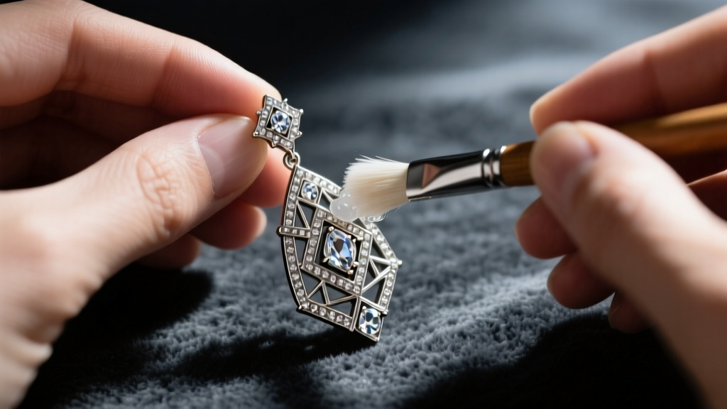 Hands using a soft brush and soapy water to clean an Art Deco silver marcasite drop earring on a dark jeweler's work mat.