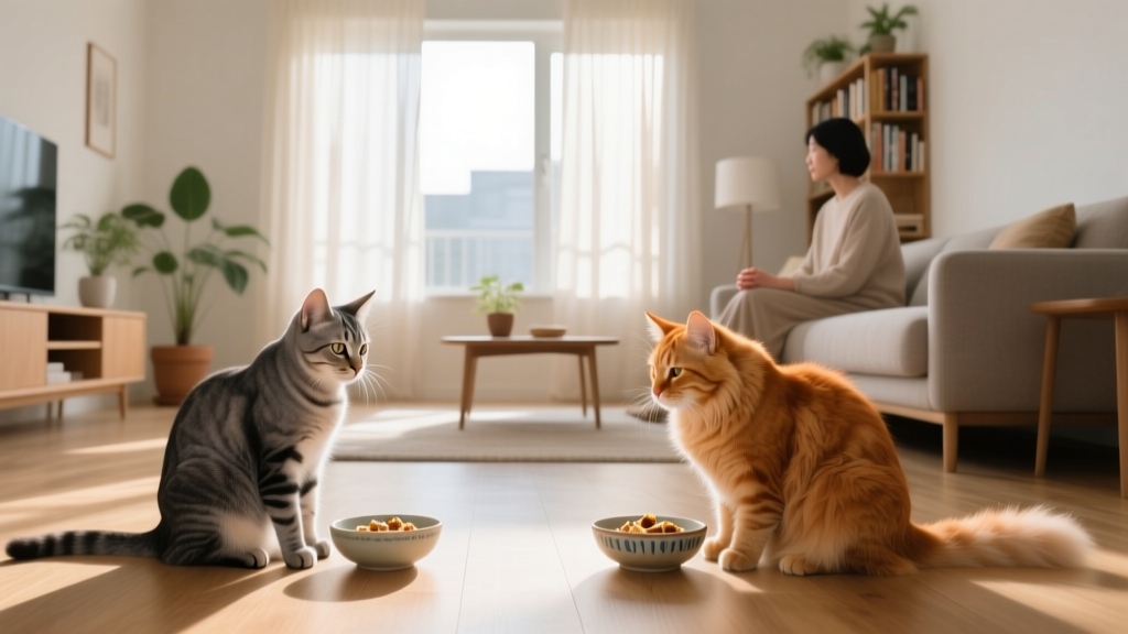 A calm, supervised reintroduction session: two cats on opposite sides of a room, each enjoying treats while a person sits quietly nearby