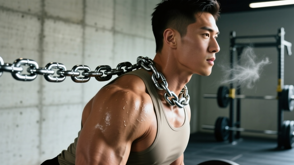Side profile of a weightlifter showing a 22-inch 5mm rope chain resting safely above the collarbone during a heavy deadlift