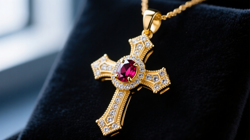 Macro shot of 18k yellow gold Latin cross pendant with a central 2-carat oval Mozambique ruby and diamond halo on dark velvet