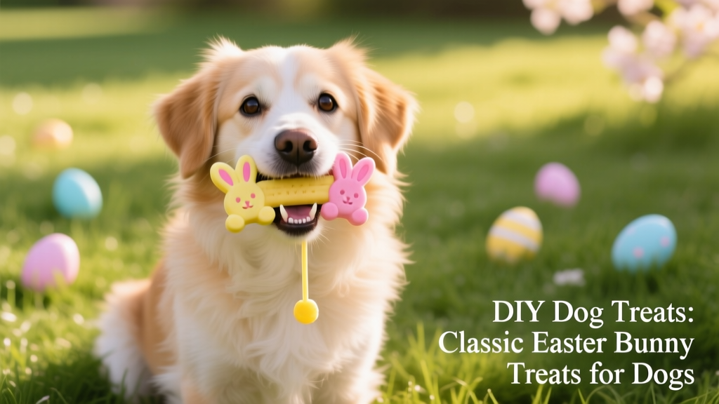 A happy medium-sized dog gently holding a pastel yellow and pink bunny-shaped treat in its mouth, sitting on a grassy lawn with Easter eggs in the background
