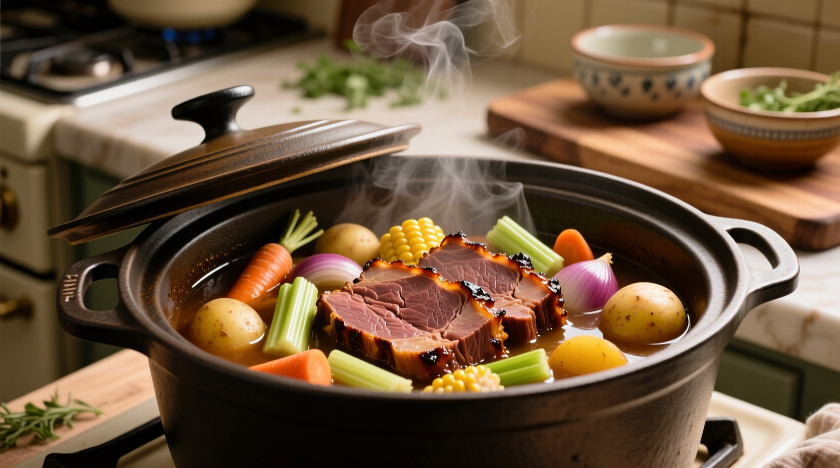 Corned beef with vegetables in slow cooker
